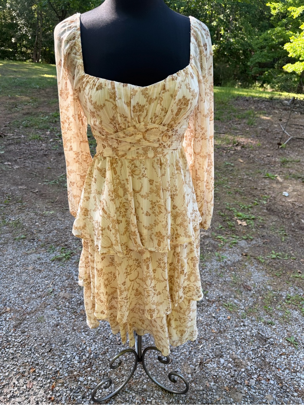 Francesca's Collections Cream and Tan Floral Long Sleeve Maxi Dress - Picture 3 of 6